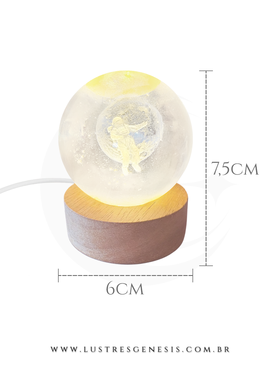 Abajur USB de madeira e cristal com astronauta 3D iluminado, ideal para decoração de quartos, escritórios e escrivaninhas.